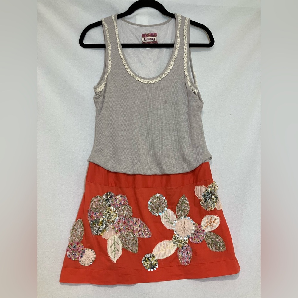 Humming Floral Appliqué Embroidered Mini Summer Dress Sleeveless Size Large *